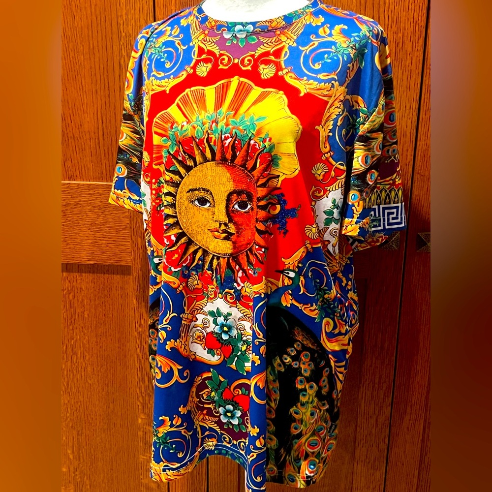BARABAS SUN GREEK KEY FLORAL MULTICOLORED BAROQUE SHORT SLEEVE STRETCH SHIRT XL